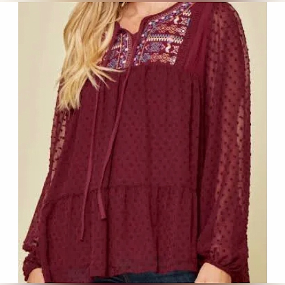 SAVANNA JANE Burgundy Embroidered Swiss Dot Top - Picture 2 of 13